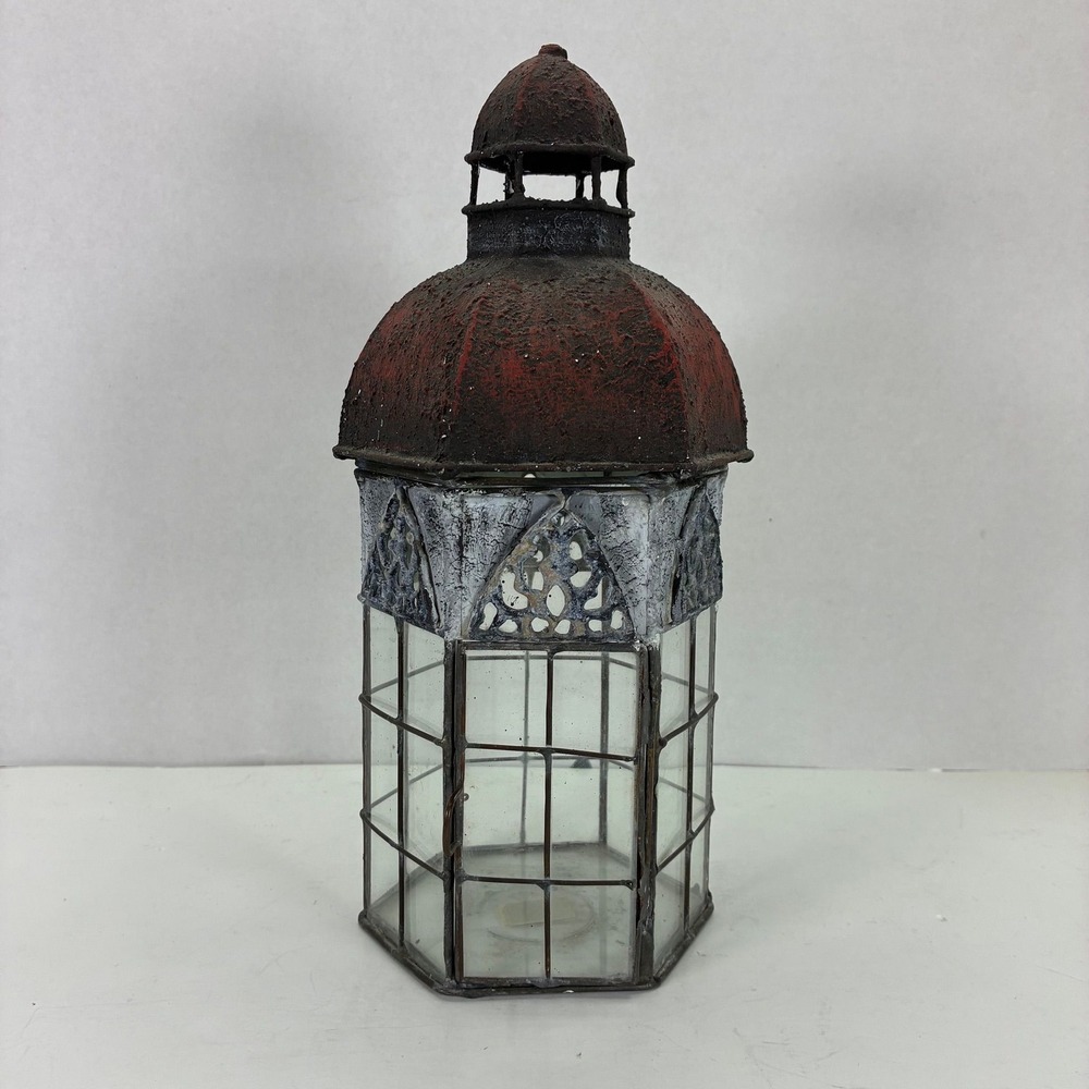 Rustic Metal Glass Lantern Antique Style Red Dome Hexagon Candle Holder Filigree